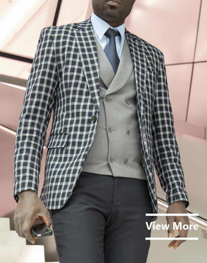 Custom Made Three-Piece Checked Blue Suit by Ghanaian Tailor in Accra