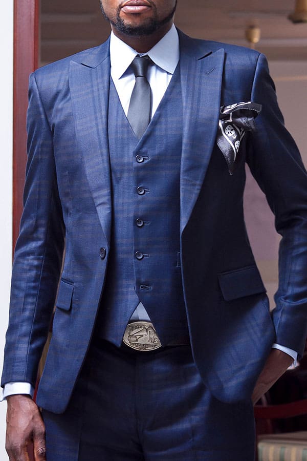 Bespoke three-piece suit by Ghanaian tailor