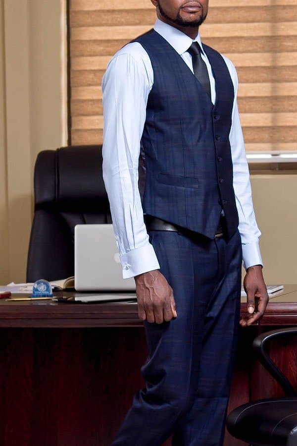 Bespoke three-piece suit by Ghanaian tailor