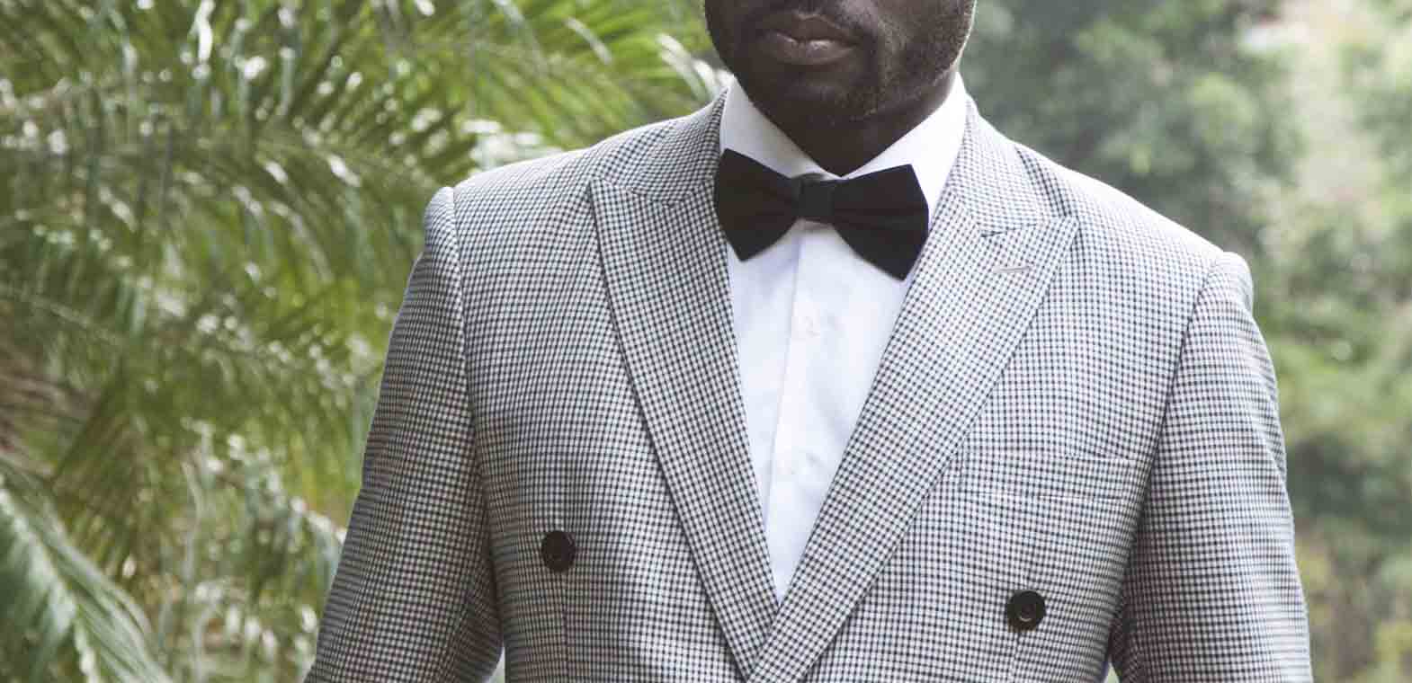 bespoke double-breasted suit by Ghanaian tailor Adjei Anang