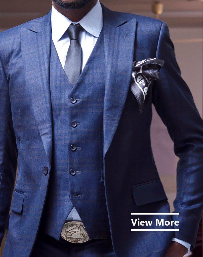 Bespoke blue suit by Ghanaian tailor Adjei Anang