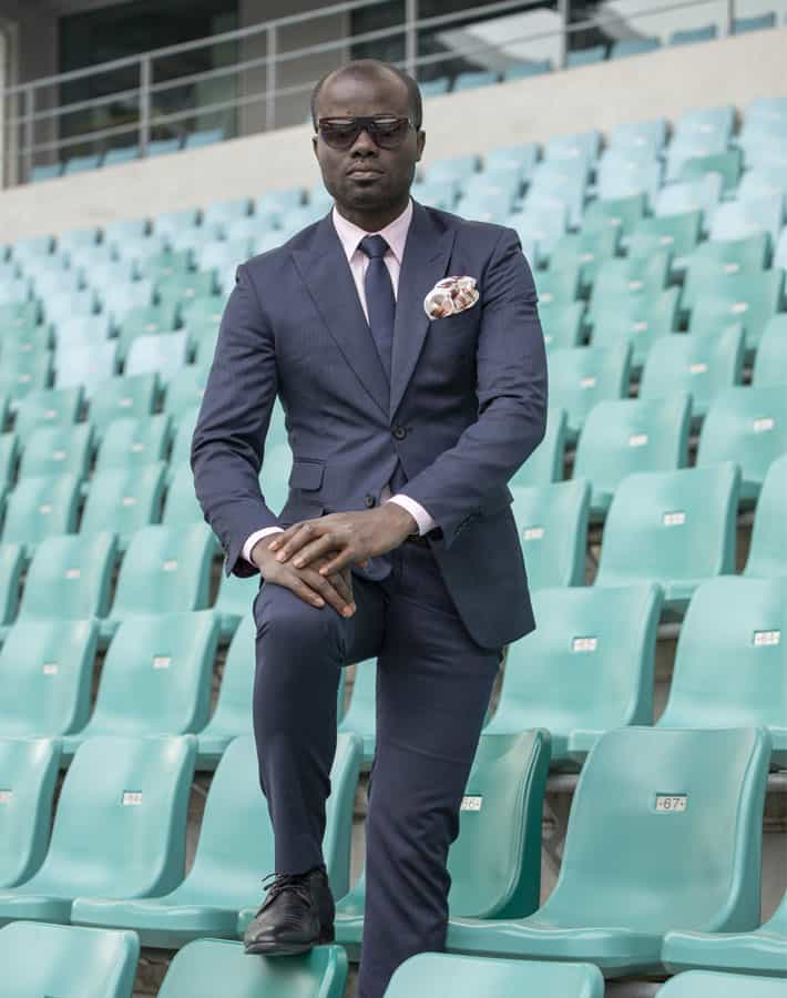 Tailored Stripe Blue Suits by Ghanaian Tailor, Adjei Anang