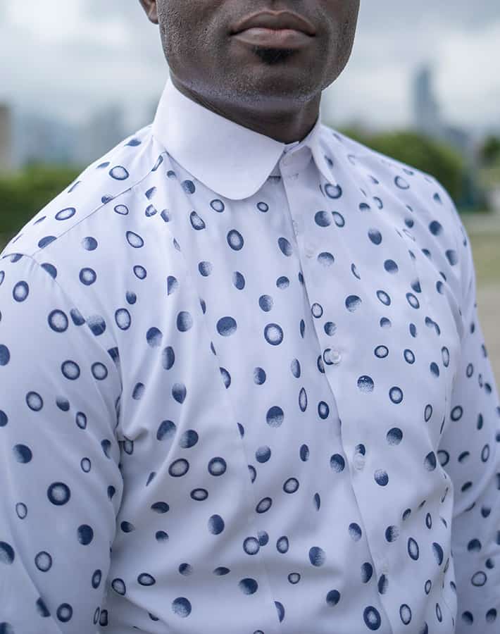 custom made polka dot shirt by Ghanaian tailor